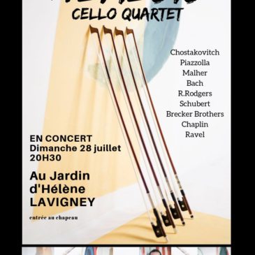 Nemesis Cello Quartet en concert le 28 juillet 2019 à 20h30 au Jardin d’Hélène (Lavigney)